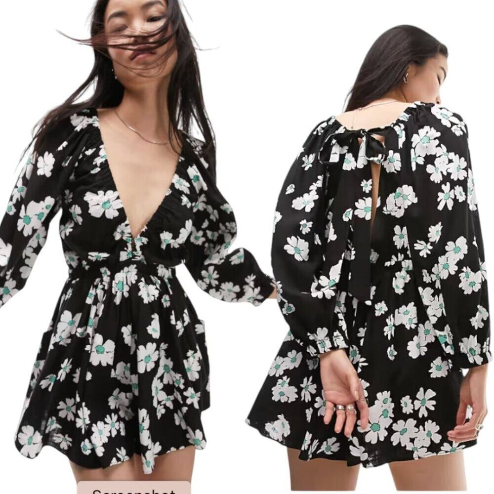 TopShop Elasticated Channel Long Sleeve Romper Black Floral Size 4 NWOT $75 MSRP